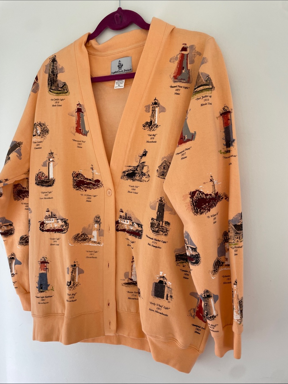 Lighthouse Point Peach Lighthouse Print V-Neck Cardigan Sweater XL - Picture 4 of 6